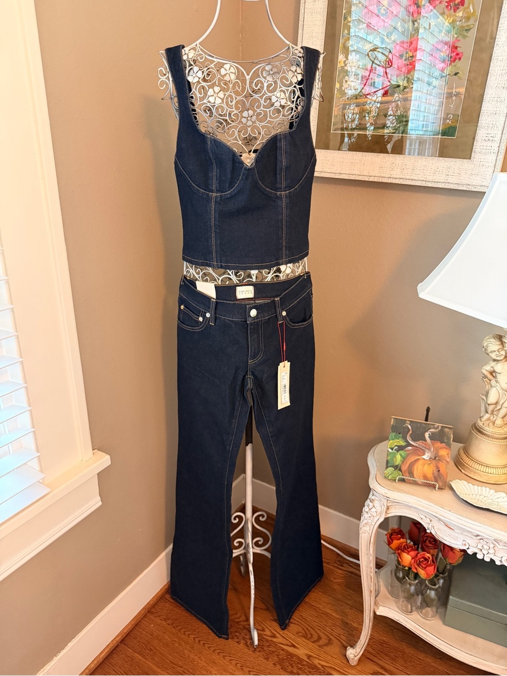 Alice + Olivia Dark Blue Corset and Jeans set Size 6 Top and 26 Jeans